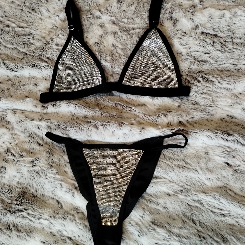 2 Piece Black Silver Rhinestone Bikini for Dancer Raver Festival Costume etc